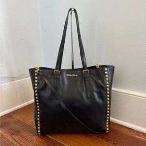 MIU MIU Calf Leather Gold Pyramid Studded Large Tote Bag Authentic Crossbody